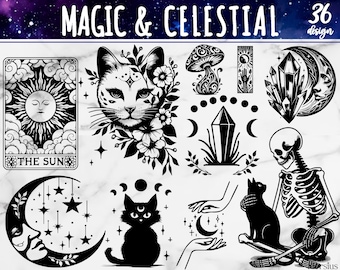 Magic And Celestial SVG Bundle, Mystical Svg, Magic Girls, Celestial Clipart, Sun Tarot Svg, Witchcraft Svg, Celestial Svg, Witchy Svg, PNG
