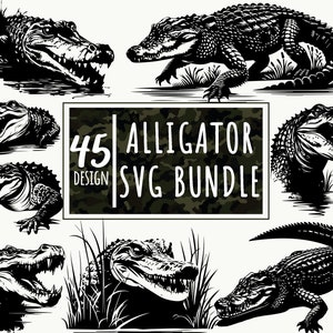 May include: A set of 45 black and white alligator SVG designs. The designs feature alligators in various poses, including swimming, walking, and roaring. The designs are perfect for use in crafting, scrapbooking, and other creative projects.