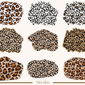Puede incluir: Nueve ilustraciones digitales de manchas de leopardo en varias formas y tamaños. Las manchas son marrones, negras y blancas.