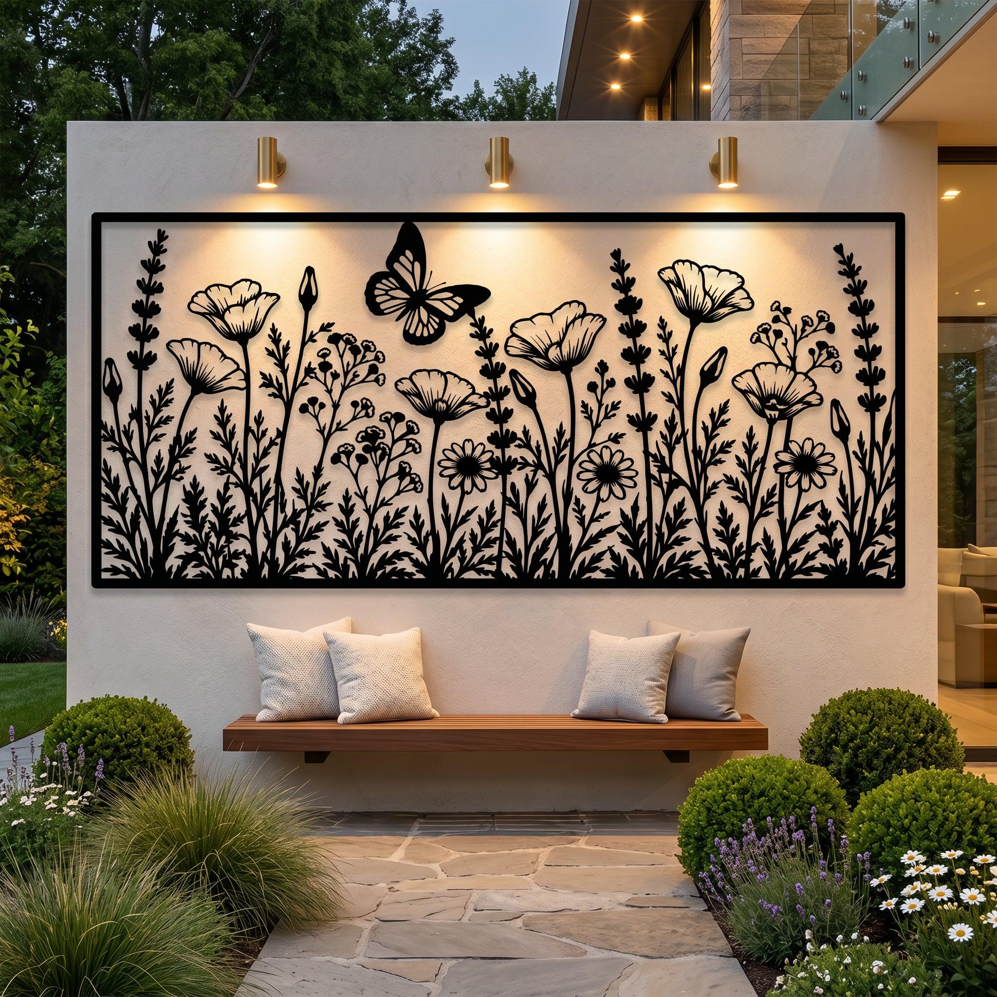 Wildblumen Metall Wandkunst, Blumen im Freien Wanddekor, Schmetterling Garten Wanddekor, Blumen im Freien Wanddekor, Terrasse Porch Wall Panel