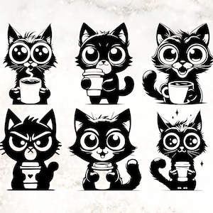 6 Cartoon Cat Svg Bundle, Cat Silhouette Svg, Cat With Coffee, Black Cat Svg, Cartoon Cat Svg, Funny Cat Svg, Cute Cat Silhouette Svg