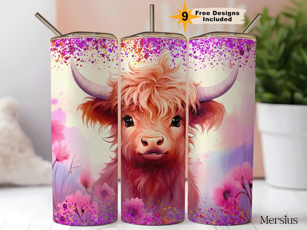 Cute Baby Highland Cow Pink Floral 20 Oz Tumbler Sublimation Design ...