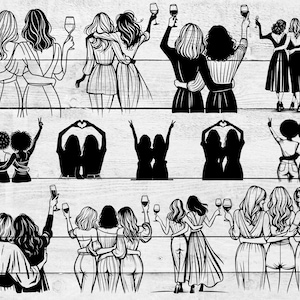 以下が含まれることがあります： ワイングラスを持った3人の女性を描いた白黒のイラストのセットです。イラストはさまざまなポーズで描かれており、シルエットのものもあれば、より詳細なものもあります。イラストは、クラフトプロジェクト、スクラップブッキング、デジタルデザインに最適です。