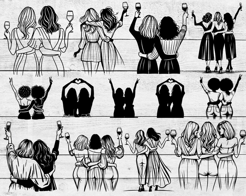 以下が含まれることがあります： ワイングラスを持った3人の女性を描いた白黒のイラストのセットです。イラストはさまざまなポーズで描かれており、シルエットのものもあれば、より詳細なものもあります。イラストは、クラフトプロジェクト、スクラップブッキング、デジタルデザインに最適です。