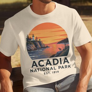 Acadia National Park T-Shirt, Vintage Nature Tee, Lighthouse Deer Gift, Maine Souvenir Shirt, Established 1919 Tee