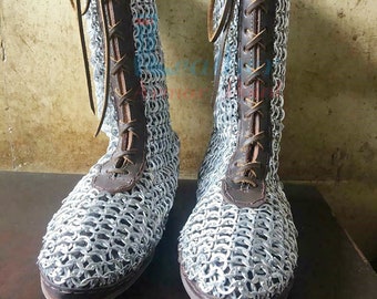 Chain mail Shoes Medieval Leather Aluminium  Chainmail Boots Flat Ring All Ring Dome Riveted Armor , LAP-049 Valentine Gifts