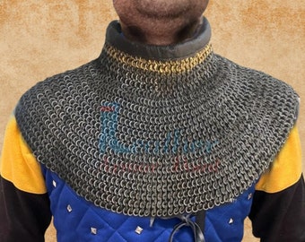 chain mail collar,  (neck protection) with leather | 9MM flat Riveted, SCA Larp collar, LAP-291 Christmas Gift