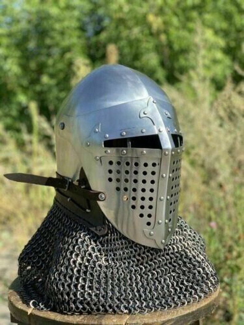 Medieval Knight Helmet Chainmail Helmet Battle-Ready Helmet Bascinet Helmet for SCA HMB Combat French Knight Cosplay Costume image 2