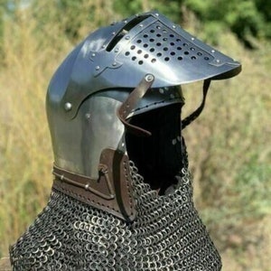 Medieval Knight Helmet Chainmail Helmet Battle-Ready Helmet Bascinet Helmet for SCA HMB Combat French Knight Cosplay Costume image 3