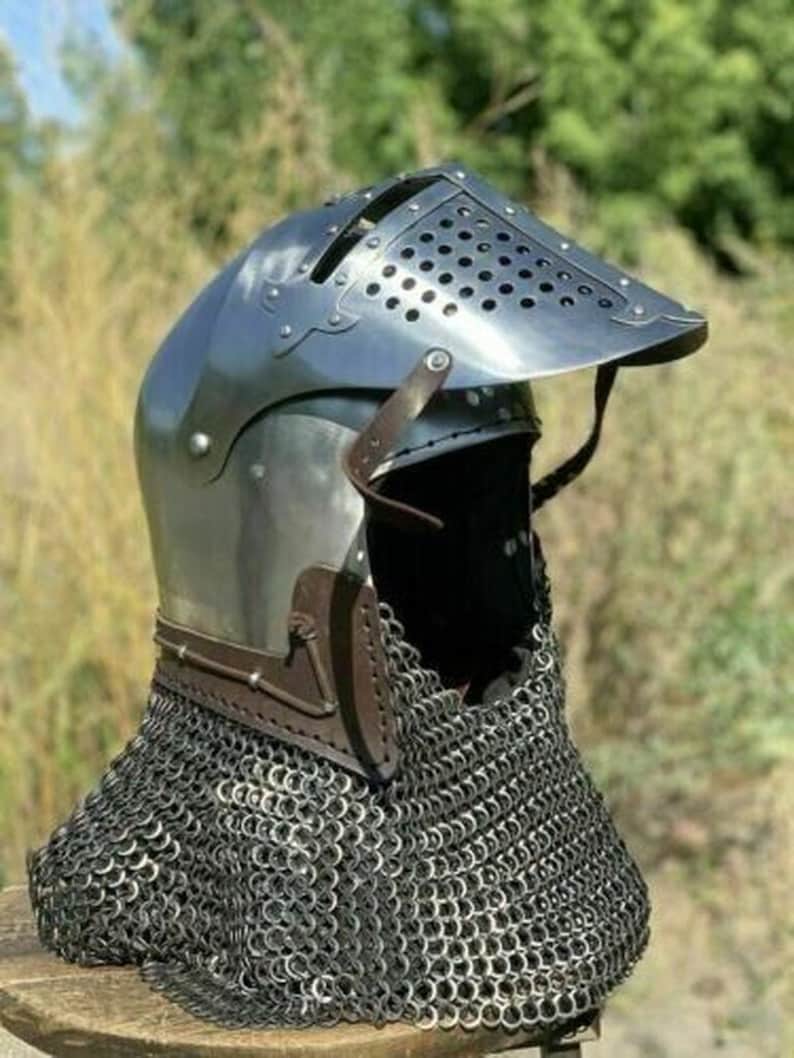 Medieval Knight Helmet Chainmail Helmet Battle-Ready Helmet Bascinet Helmet for SCA HMB Combat French Knight Cosplay Costume image 3