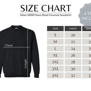 May include: Size chart for a Gildan 18000 Heavy Blend Crewneck Sweatshirt. The chart shows sizes S through 4XL with corresponding chest and length measurements in inches.