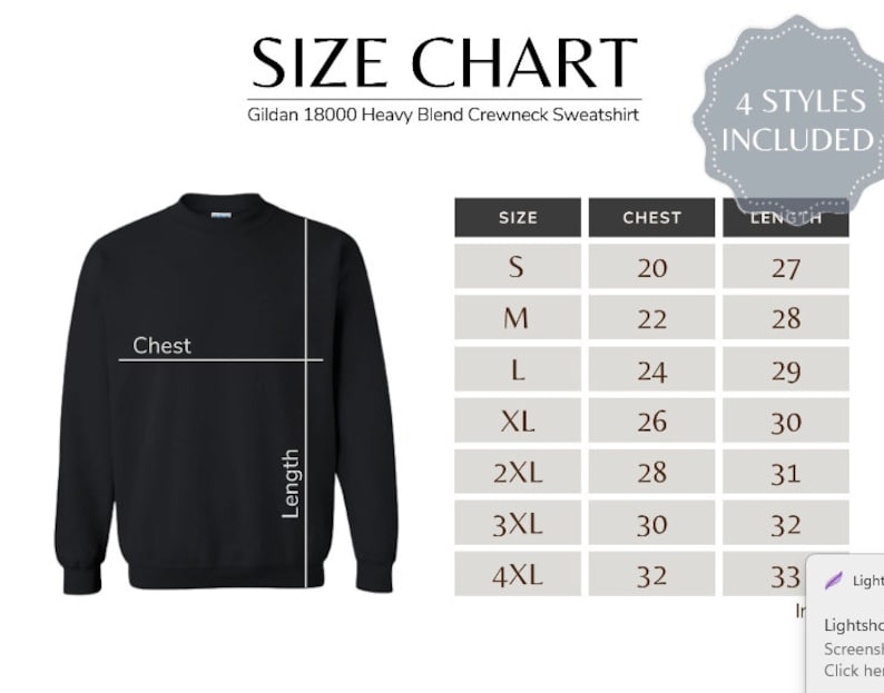May include: Size chart for a Gildan 18000 Heavy Blend Crewneck Sweatshirt. The chart shows sizes S through 4XL with corresponding chest and length measurements in inches.