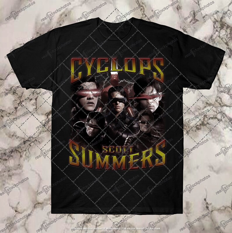 May include: Black t-shirt with a graphic of Cyclops from the X-Men comics. The graphic features a collage of Cyclops's face with the text "Cyclops Scott Summers" in red and yellow.