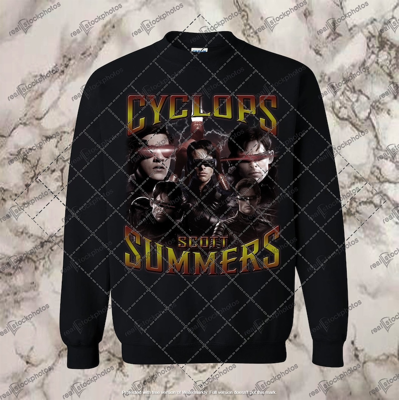May include: Black sweatshirt with a graphic print of Cyclops from the X-Men comics. The graphic features a collage of different versions of Cyclops, with the text "Cyclops" and "Scott Summers" in a red and yellow font.