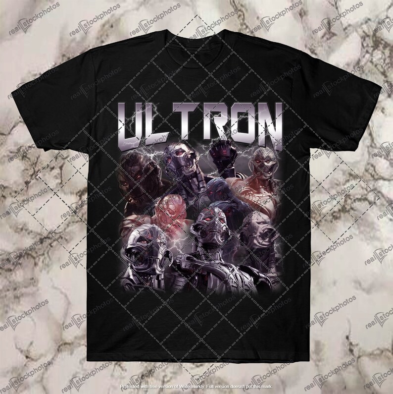 May include: Black t-shirt with a graphic print of Ultron from the Marvel Cinematic Universe. The graphic features multiple versions of Ultron in a menacing pose.