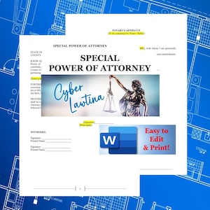 May include: A printable special power of attorney legal document with a graphic of a woman holding a scale of justice. The document is titled "Cyber Lawtina" and has a "W" logo for Microsoft Word. The text "Easy to Edit & Print!" is also included.