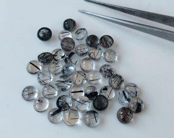 Natural Black Rutile Quartz Round Cabochon 3mm AAA Quality, Loose Gemstone Back side Flat
