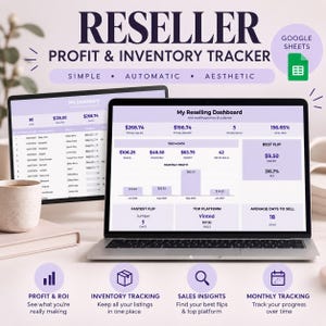 May include: A digital reseller profit and inventory tracker for Google Sheets displayed on a laptop screen. The dashboard shows data including total sales, profit, items sold, ROI, and monthly profit charts in a purple and white color scheme.