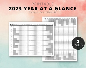 May include: Printable 2023 year-at-a-glance calendar in digital PDF format. The calendar features two layouts, one with a vertical month view and the other with a horizontal month view. Both layouts are in letter size.