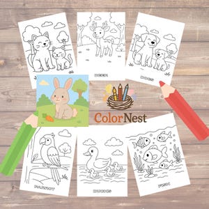 15 Cute and Easy Animal Coloring Pages for Kids – Simple Printable Coloring Book for Children – Digital Download PDF