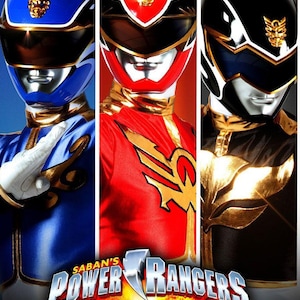May include: Three Power Rangers from the Megaforce series. The Ranger on the left is blue, the middle Ranger is red, and the Ranger on the right is black. The Rangers are wearing helmets with gold accents and the Power Rangers Megaforce logo is in the bottom centre of the image.