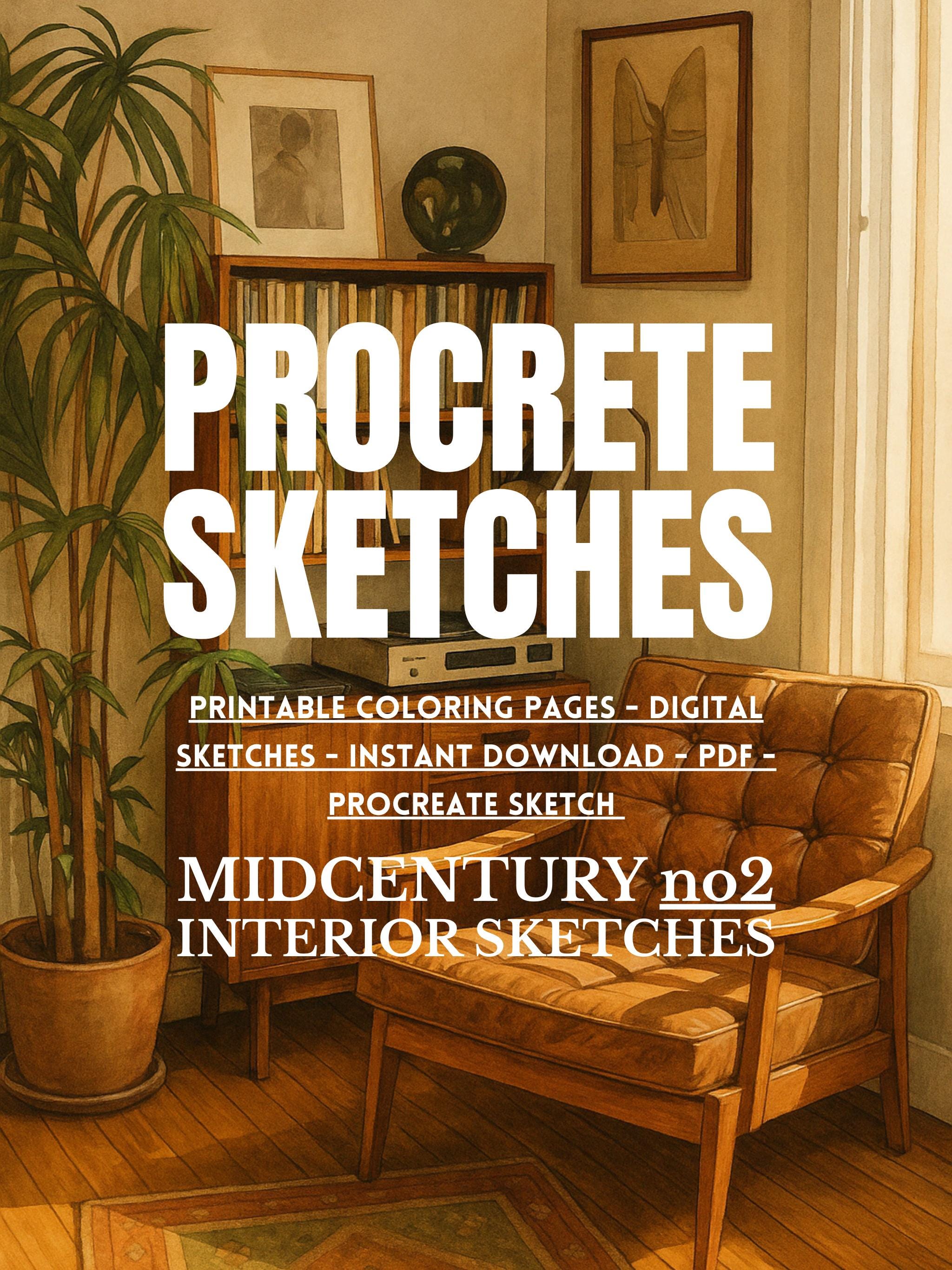 Interior Design Sketch & Trace Book for Procreate – Midcentury Layout Practice Coloring Pages (Set No. 2)