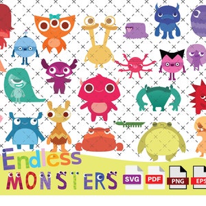 Pacote Svg de Monstros Fofos Infinitos, Pacote SVG de Monstros Fofos, Clipart PNG de Monstros Infinitos, clipart de personagens fofinhos svg, artesanato diy