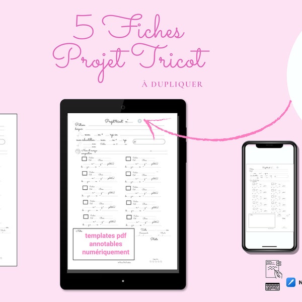 5 fiches Projet Tricot circulaire pdf imprimables et annotables numériquement 1 à 6 fils et 10 couleurs et png et mode d’emploi et stickers