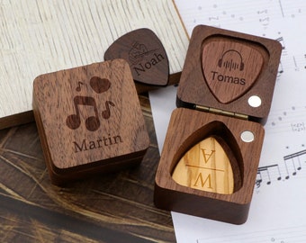 Custom Wooden Guitar Picks Box,Personalized Guitar Pick Holder Storage,Wood Guitar Plectrum Organizer Case,Music Gift for Guitarist Musician