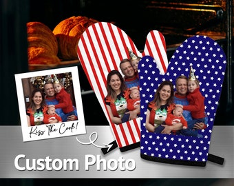 Ensemble de mitaines personnalisées pour photo de famille représentant le drapeau des États-Unis - Mettez votre photo sur des mitaines de four personnalisées, cadeau fête des mères, mitaines de chat personnalisées, cadeau chaussettes, cadeau d'anniversaire