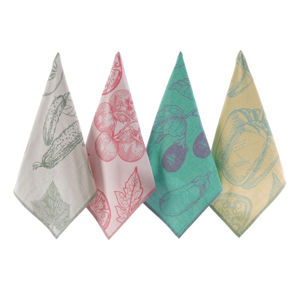 Lot de 4 torchons jacquard sur le thème des légumes du jardin - Torchons de cuisine élégants pour le séchage, torchons, torchons - Ensemble de serviettes 100 % coton