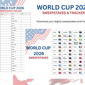 Puede incluir: Un rastreador y sorteo digital de la Copa del Mundo 2026. El diseño presenta un esquema de color rojo, blanco y azul con el texto "COPA DEL MUNDO 2026" y una lista de equipos. Incluye una cuadrícula de banderas.