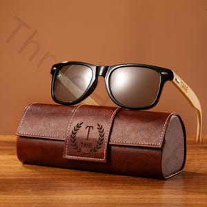 Men&#39;s Sunglasses with Leather Case - Groom&#39;s Gift Wedding Set, Personalized Engraved Wooden Sunglasses, Creative Leather Gifts for Him