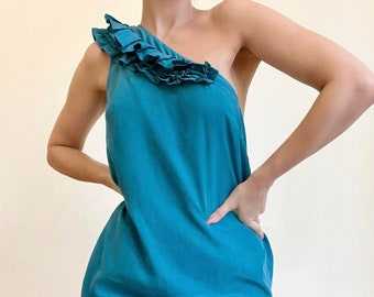 Genuine vintage dress in blue silk ruffle size Small