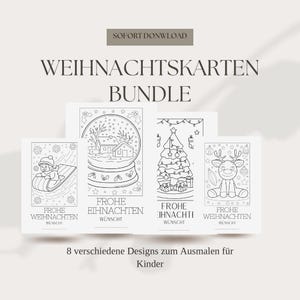 Puede incluir: Un conjunto de tarjetas navideñas para colorear con varios diseños, incluyendo una bola de nieve, un árbol de Navidad y un reno. Las tarjetas son en blanco y negro y presentan el texto "Frohe Weihnachten" y "Wunscht".