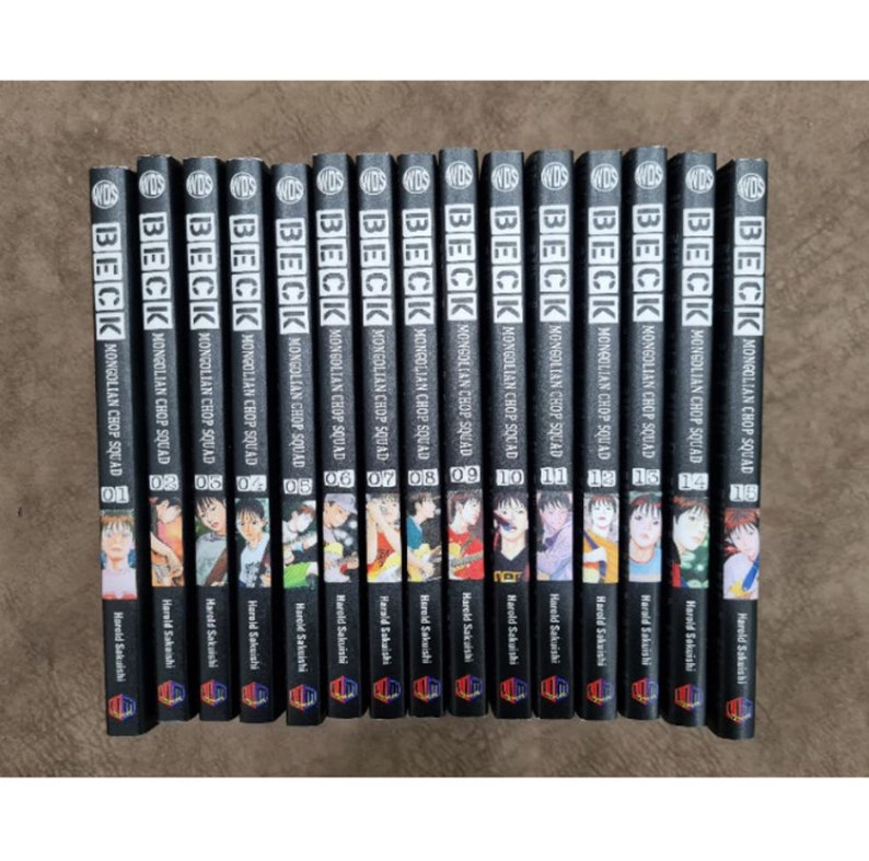 May include: A set of 16 black and white manga graphic novels with the title "BECK MONGOLIAN CHOP SQUAD" and the volume number on each book. The books are arranged in order from volume 1 to volume 16.