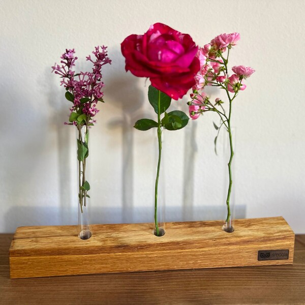 Flower bar, flower decoration, wooden flower vase with 3 test tubes, vase for fresh and dried flowers, table decoration, birthday, wedding, baptism