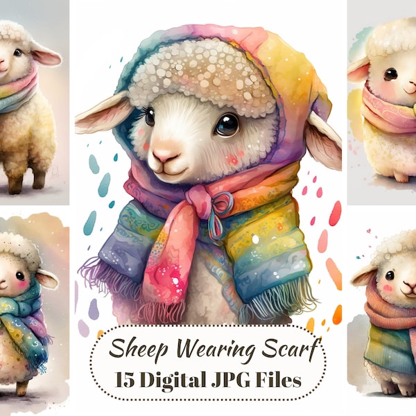 Sheep Wear Scarf Illustrations, Watercolor Clip Art, Printable Art, Digital Paper, Card Making, Paper Crafting, Bundle Commercial