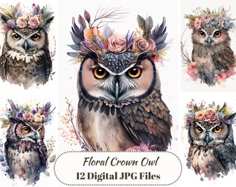 Owl Flower Crown Illustration Bundle, Watercolor Clip Art, Printable Art, Digital Paper, Card Making, Paper Crafting, Bundle Commercial