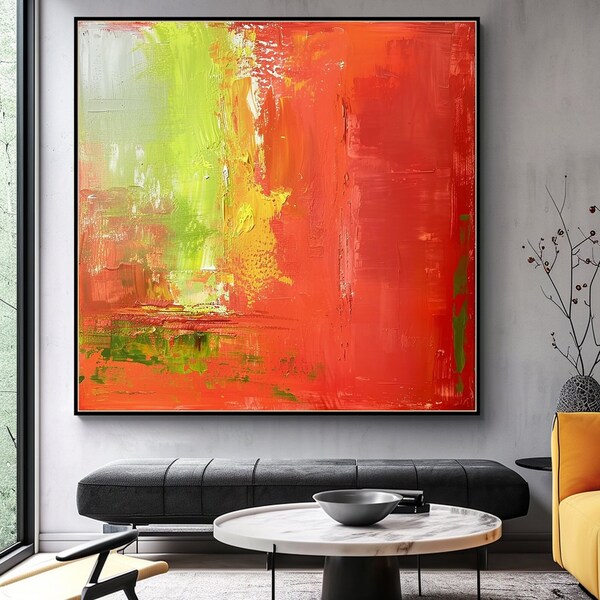 Peinture abstraite rouge orange avec jaune, huile et acrylique, oeuvre d'art au couteau à palette vert pastel