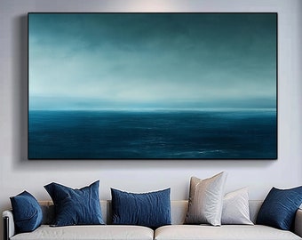 Oeuvre d'art peinte à la main sur toile bleu ciel, cadeaux de décoration murale paysage marin bleu sarcelle foncé, cadeaux d'art contemporain sur l'océan blanc, personnaliser art bleu pastel