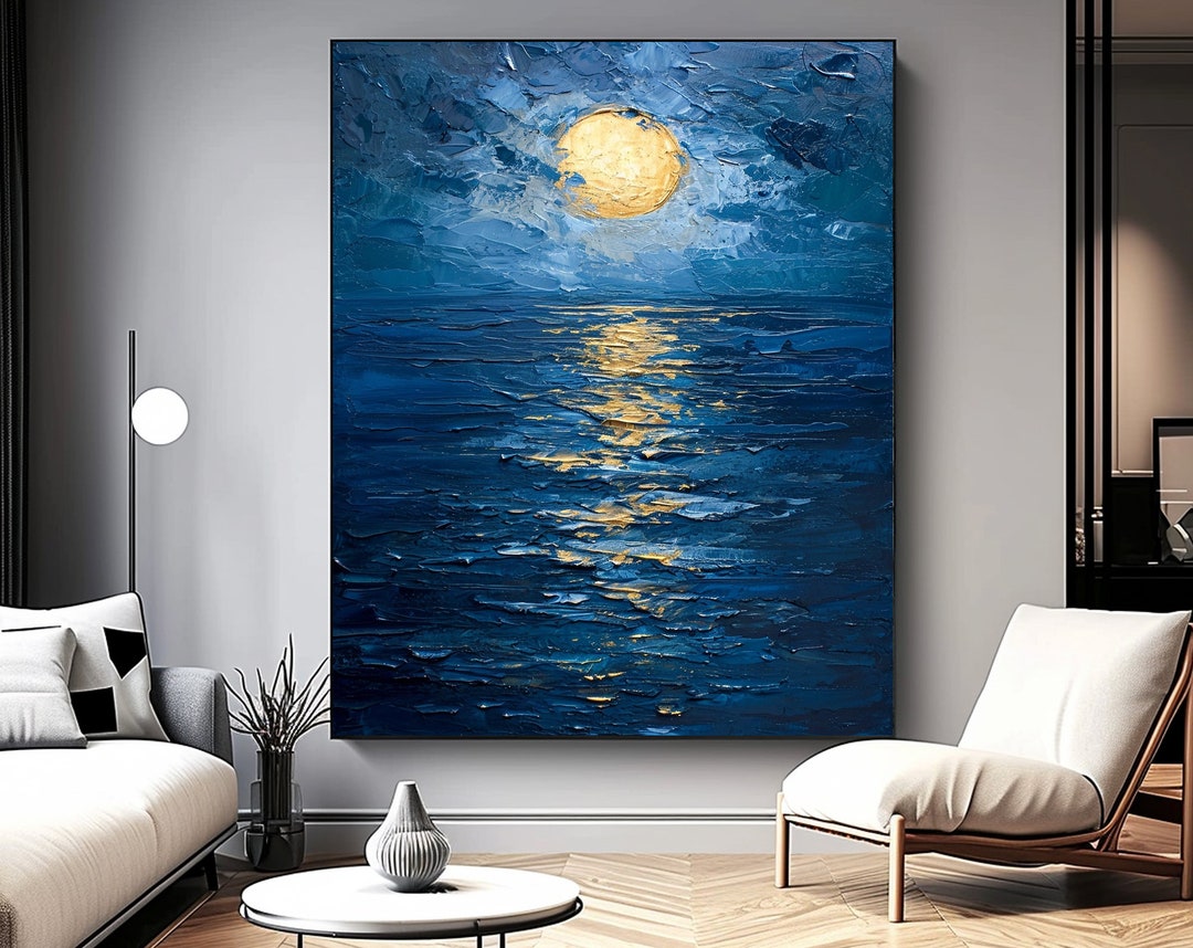 Handmade Tonalism Moon Light Wall Art, Stylish Blue Canvas Wall Decor