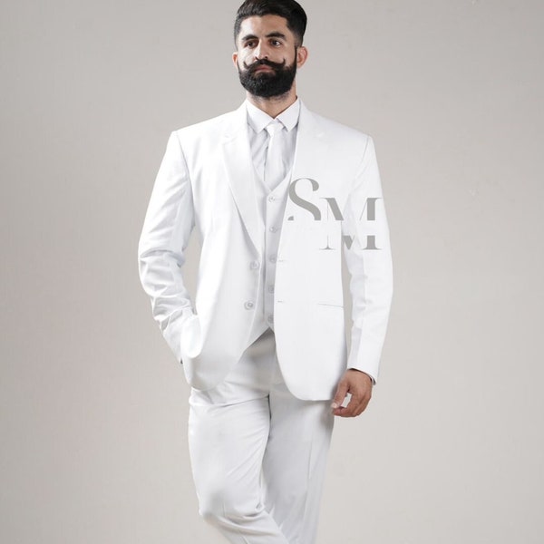 White suit - men white formal suit - slim fit suit for businessmen - wedding groom tuxedo - 3 piece white jacket suit - boy prom party suit