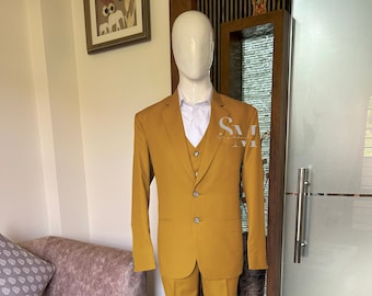 Men mustard yellow suit - formal dark yellow suit - slim fit tuxedo - two button jacket suit - 3 piece blazer suit - coat pant vest