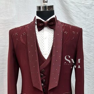 Men red suit - embroidery dinner jacket - shiny lapel blazer - wedding fiance suit - groom tuxedo dress - slim fit suit set