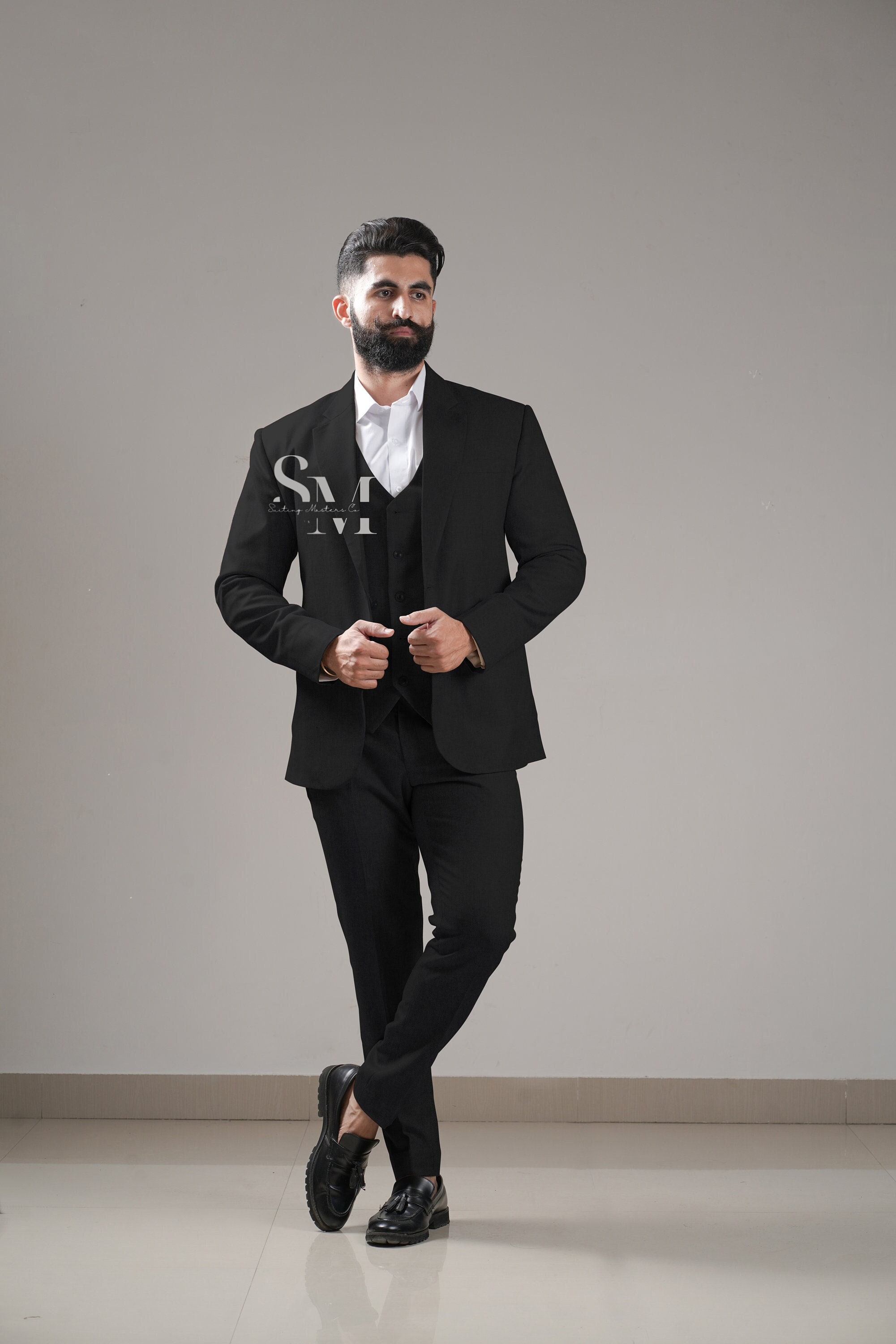Men Black tweed suit Black jacket suit for winter 3 piece tuxedo set for groomsmen wedding suit ideas prom party style