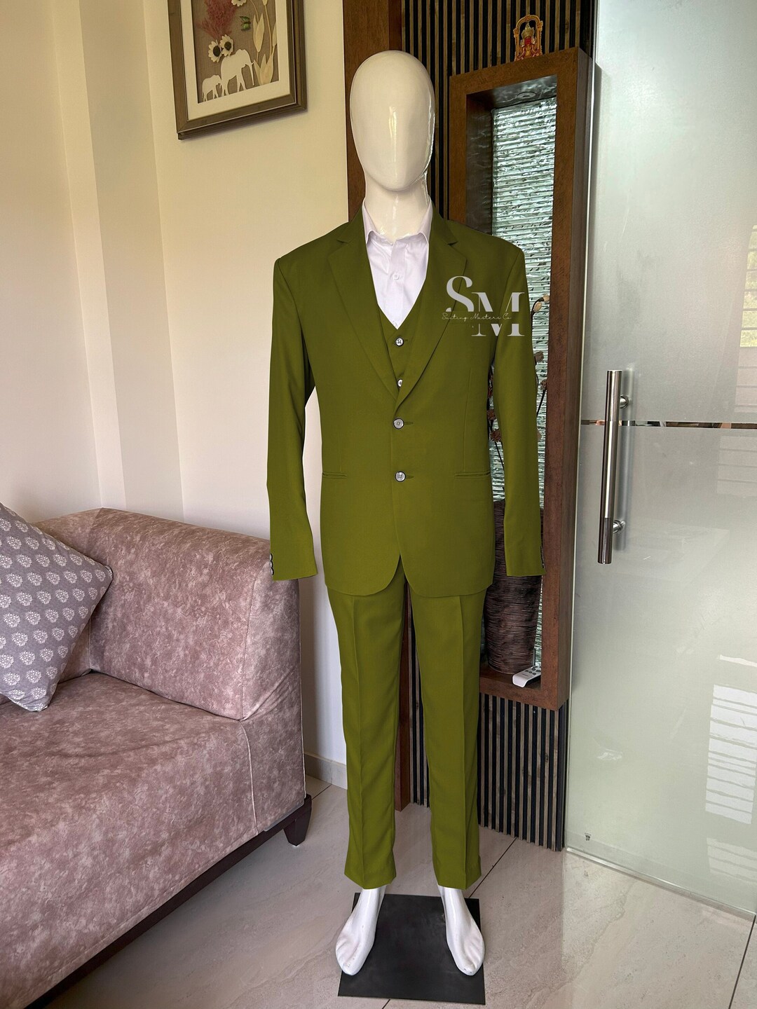 Men's Olive Green 4PC Big and Tall Dress Tuxedo Waistcoat