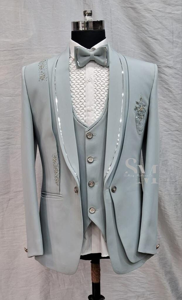 Grey Tux With Icy Blue Vest And Tie Icy Blue Three Piece Suit