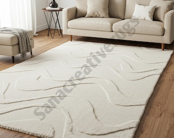 Hand-Tufted Wool Rug: Modern Abstract Wavy Cream Ivory Area Rug