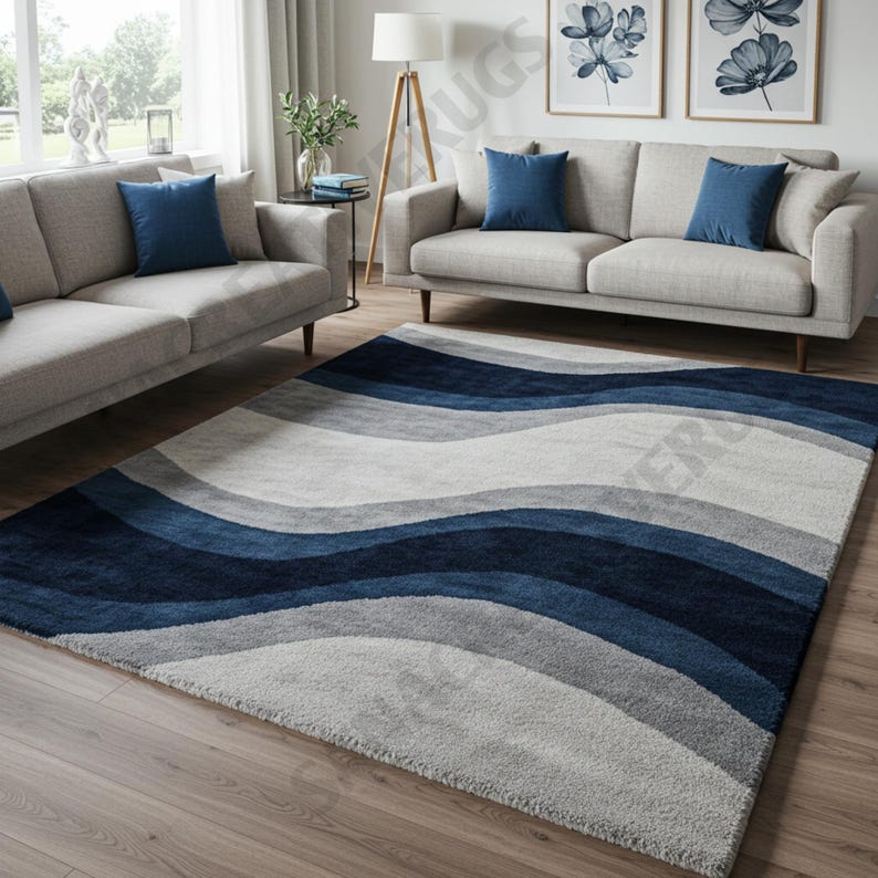 Modern Wavy Area Rug | Blue and Grey Abstract Rug for Living Room ...